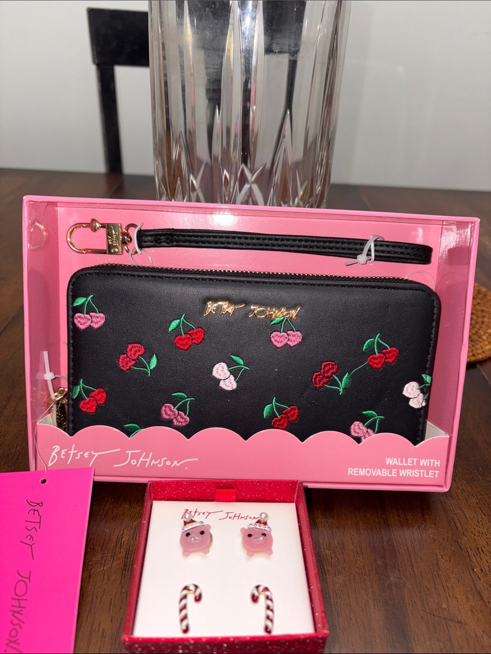Betsey Johnson Cherry Wallet with Removable Wristlet and Earrings Bundle NWT